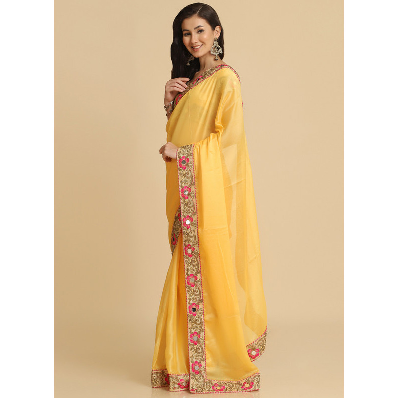 Asisa Rose Light Yellow Resham Embroidery Organza Sarees (Color Light Yellow)