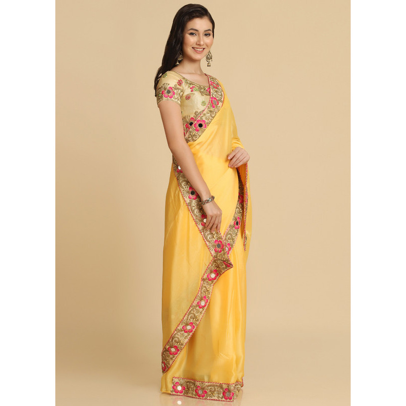 Asisa Rose Light Yellow Resham Embroidery Organza Sarees (Color Light Yellow)