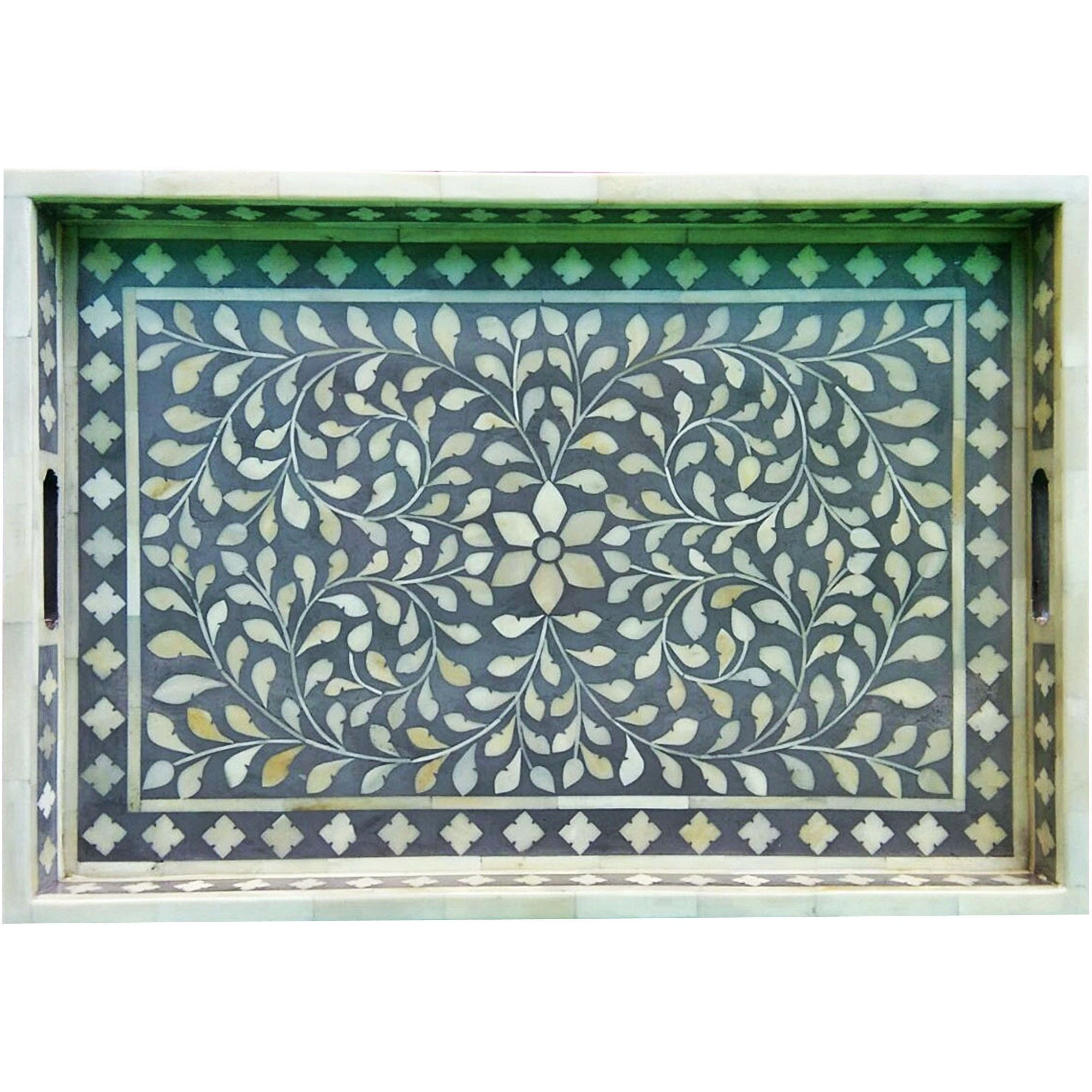 Gray Floral Bone Inlay Serving Tray