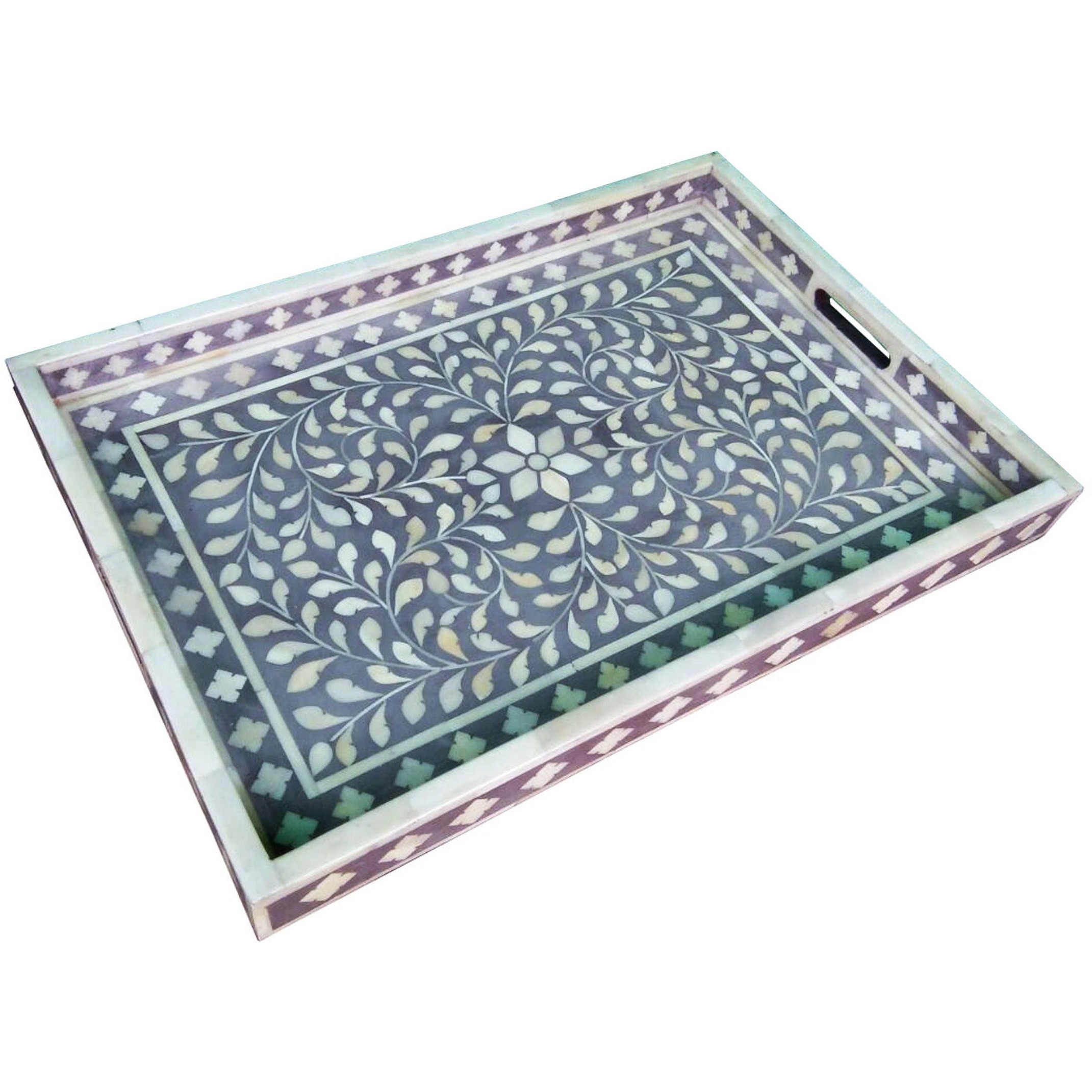 Gray Floral Bone Inlay Serving Tray