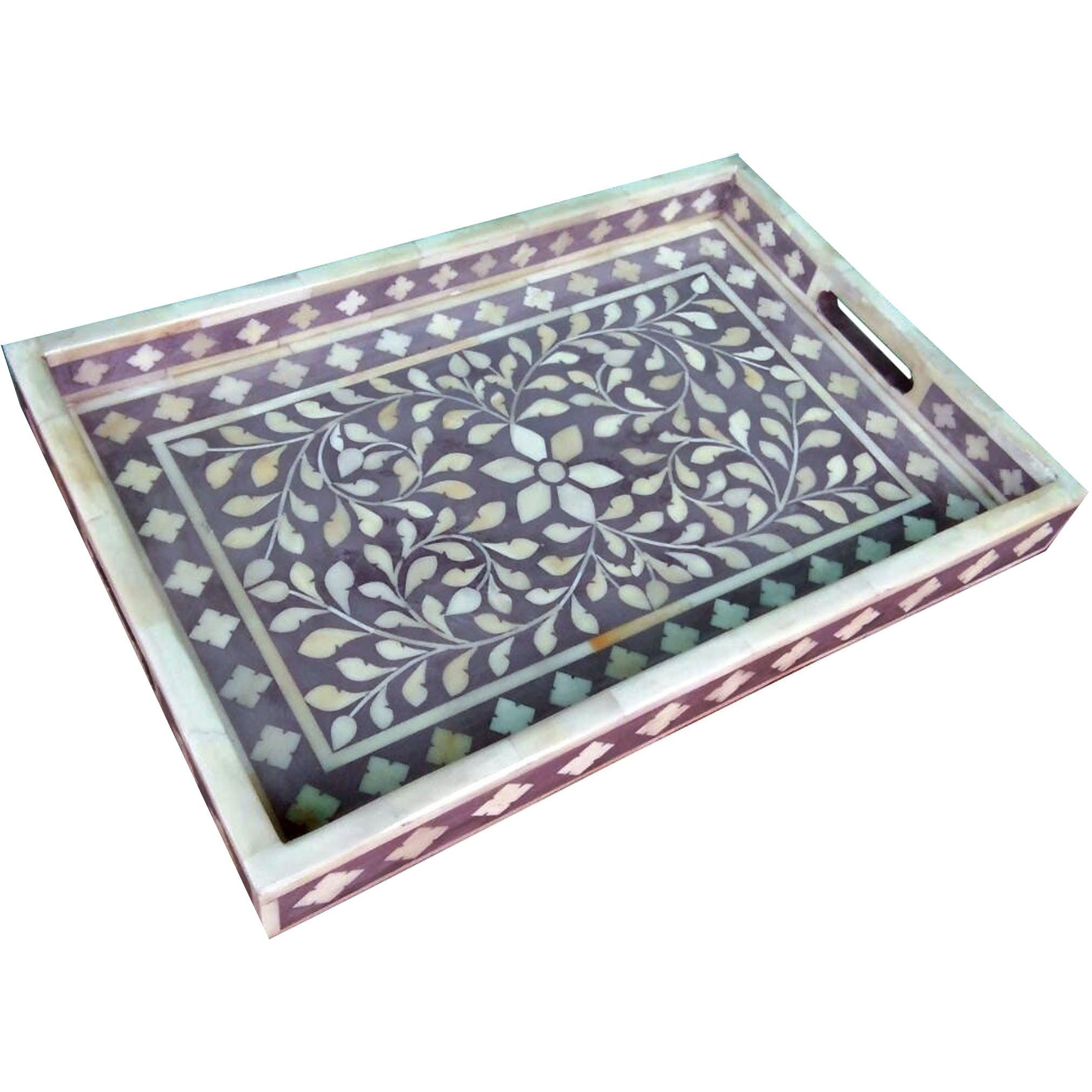 Floral  Bone Inlay Serving Tray in Gray