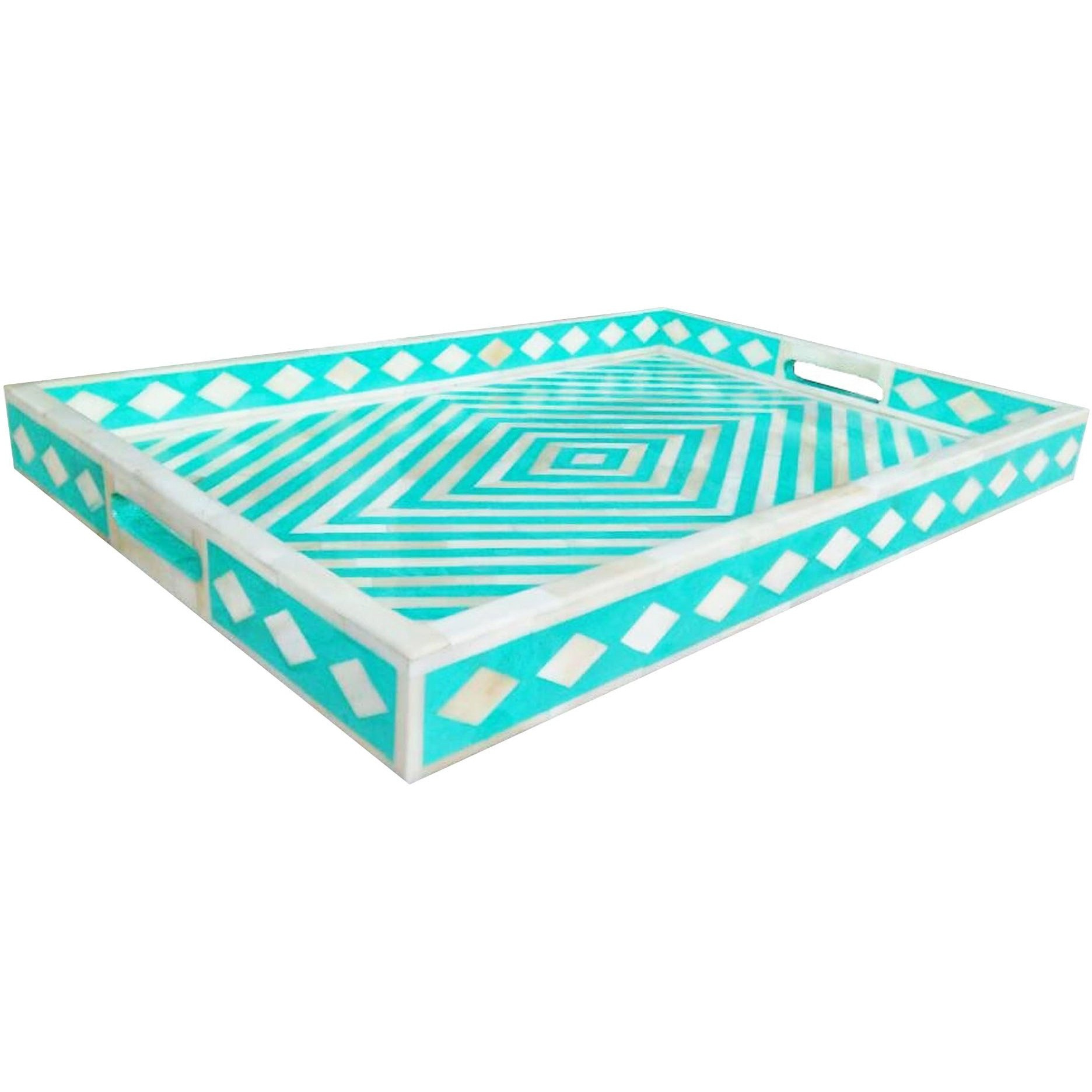 Green Geometric Bone Inlay Serving Tray