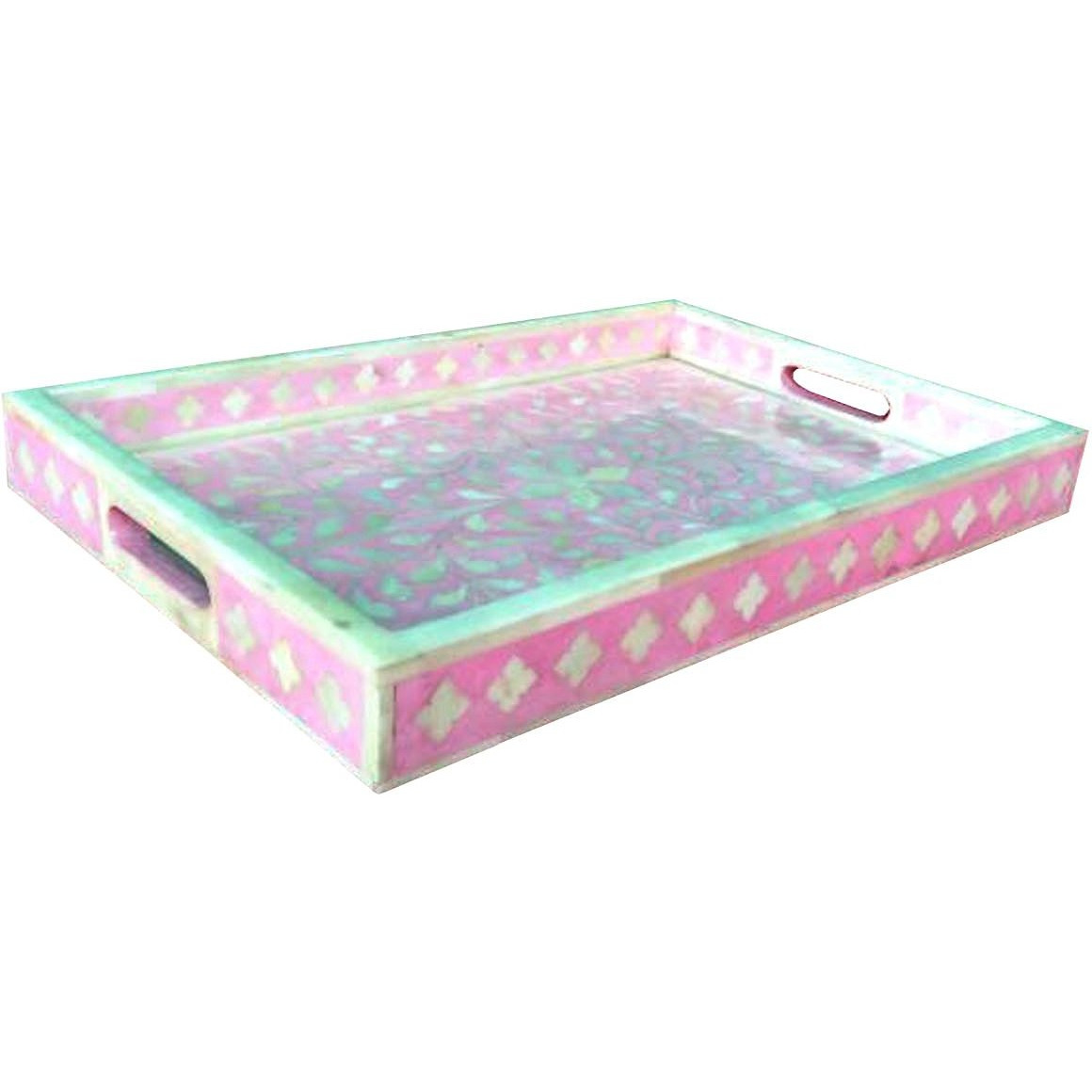 Floral  Bone Inlay Serving Tray in Pink