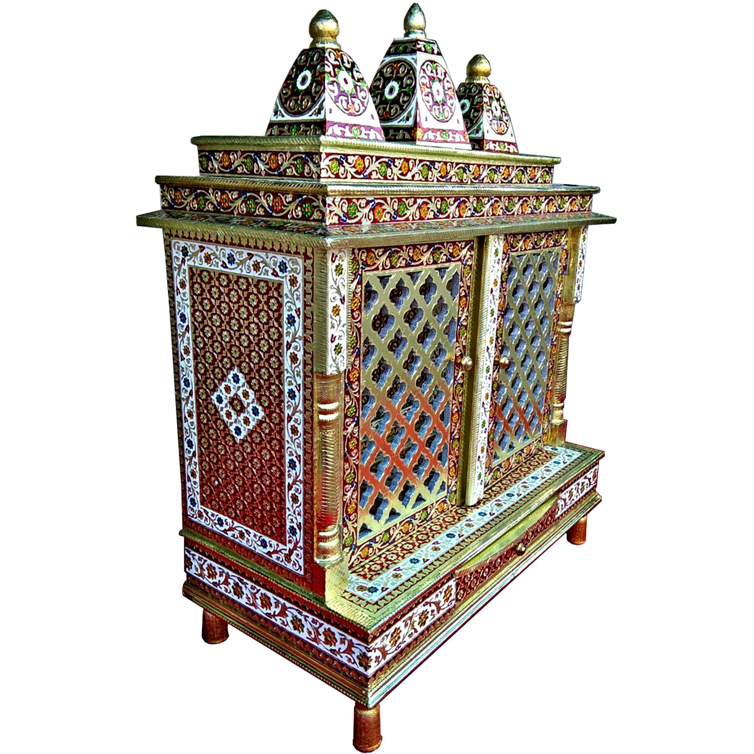 Beautiful Meenakari Multicolor Large Size Home Puja Mandir Hindu Temple Mandapam Altar with Door