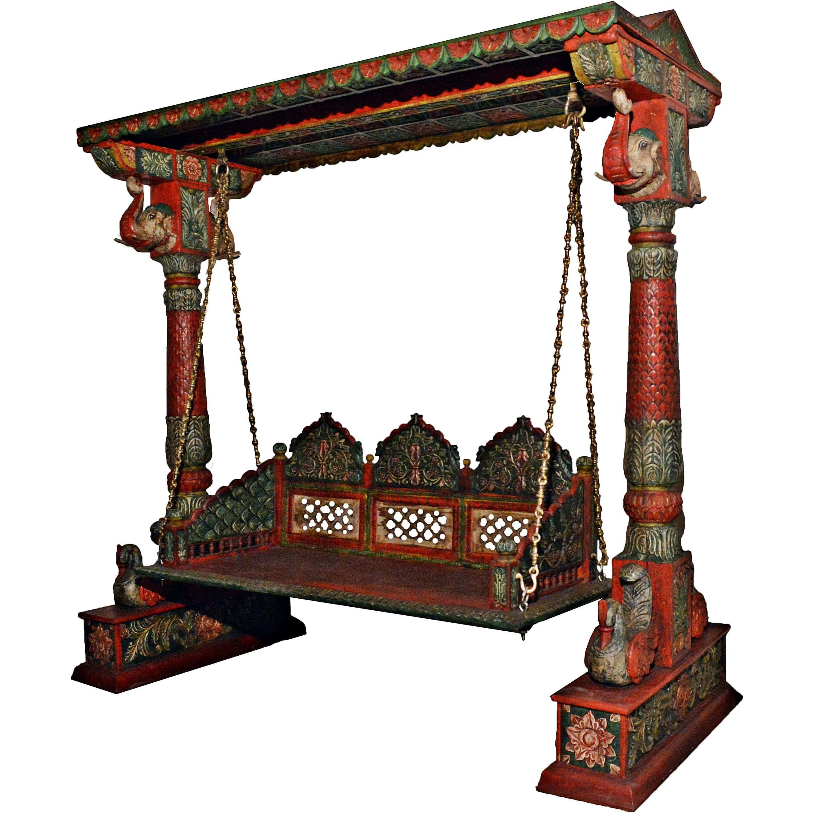Carved Elephant & Peacock Multicolor Wooden Carved Royal Swing Set / Indoor Jhula