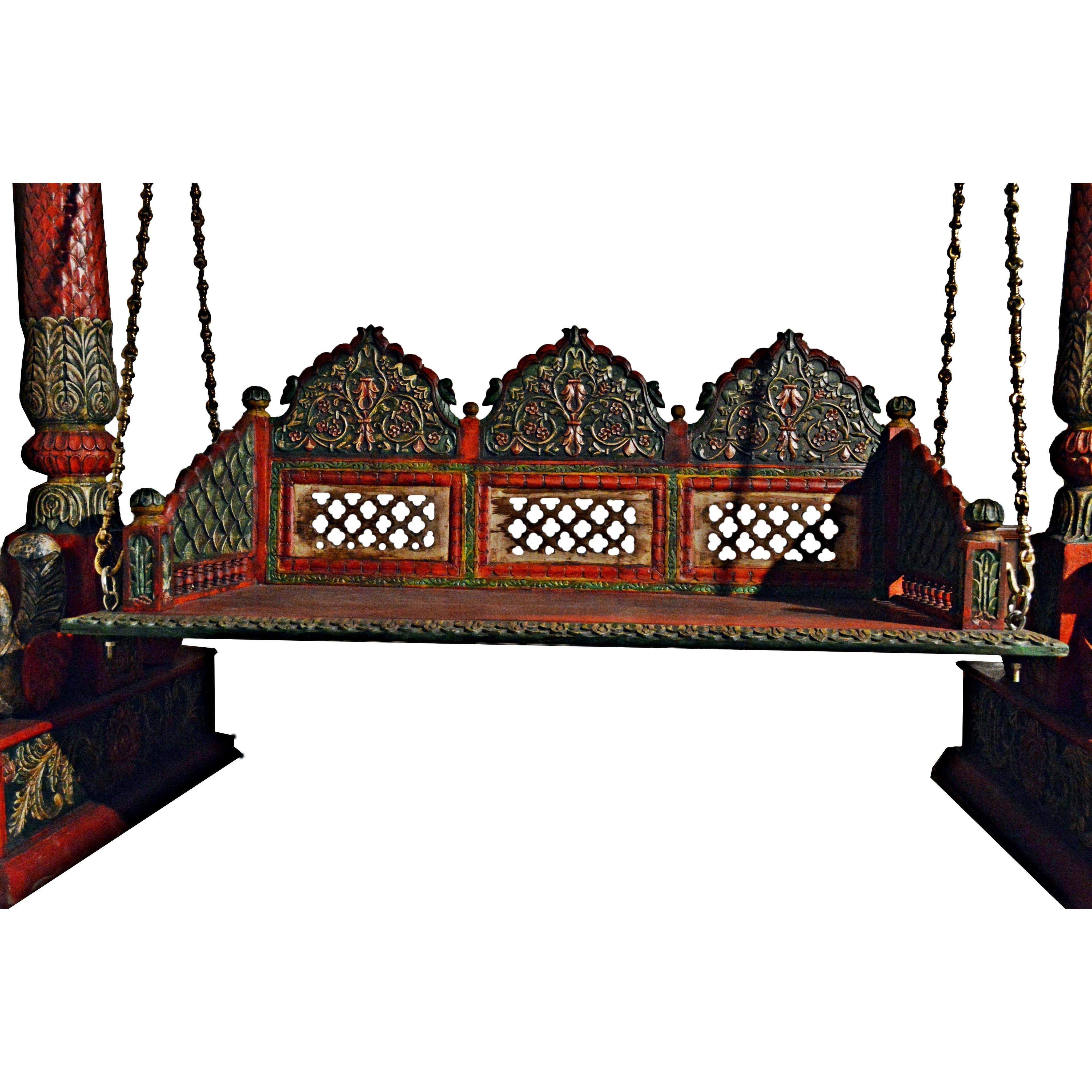 Carved Elephant & Peacock Multicolor Wooden Carved Royal Swing Set / Indoor Jhula