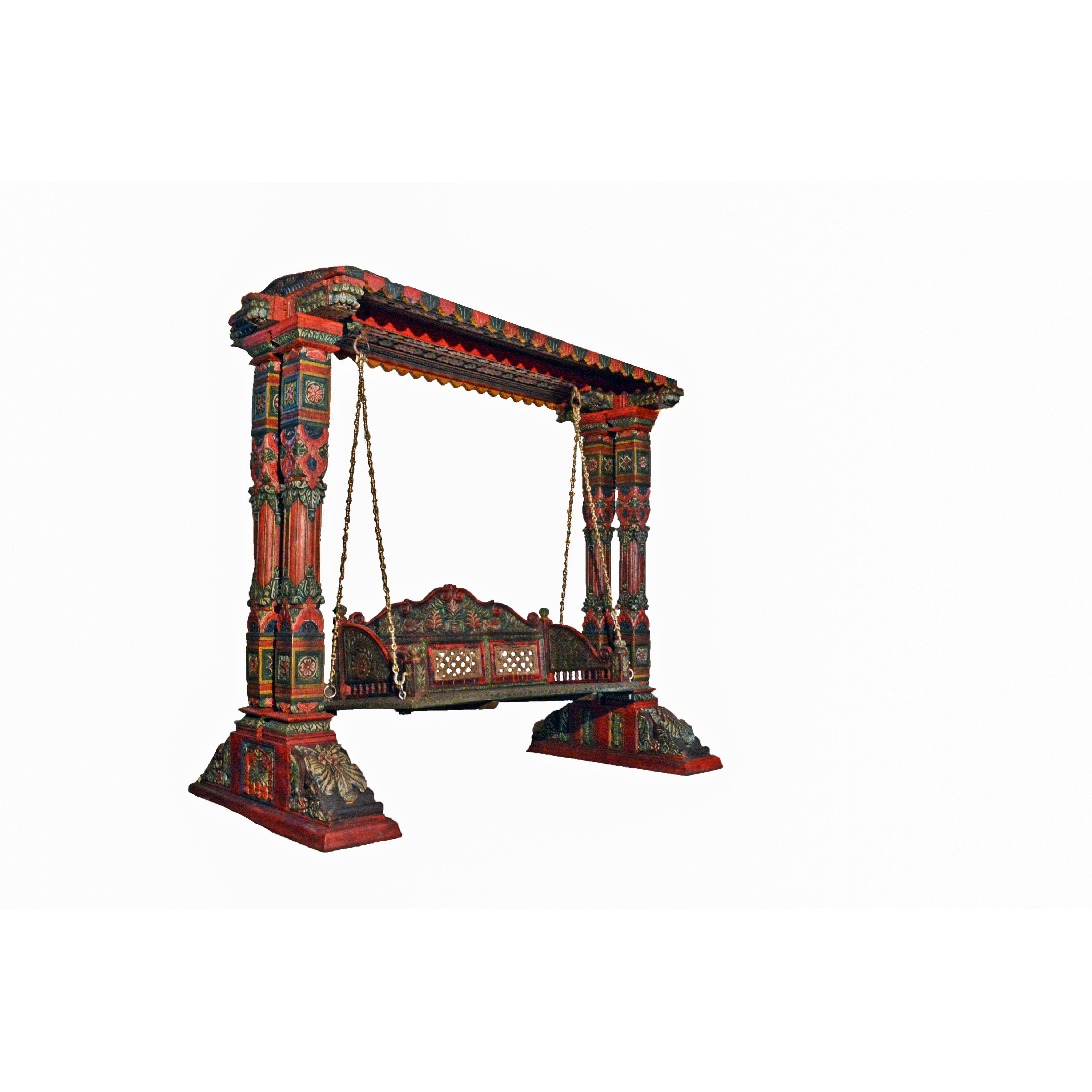 Two Pillar Design Painted Wooden Carved Royal Swing Set / Indoor Jhula