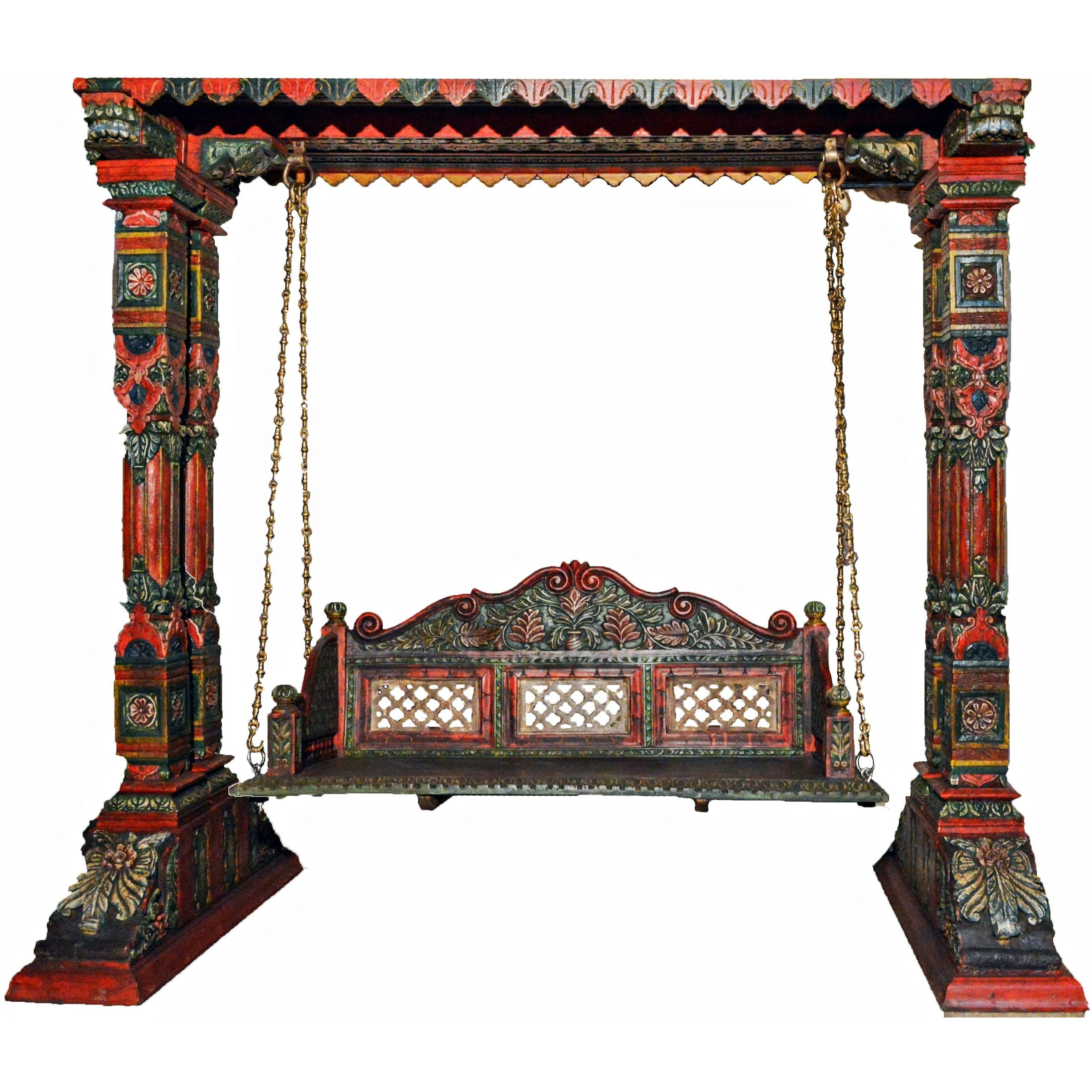 Two Pillar Design Painted Wooden Carved Royal Swing Set / Indoor Jhula
