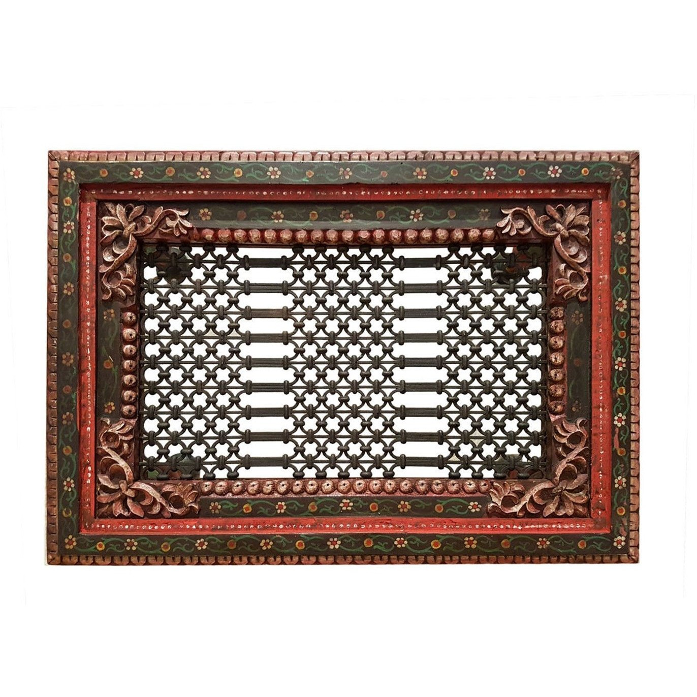 Wooden Carved Hand Painted Iron Grill Coffee Table