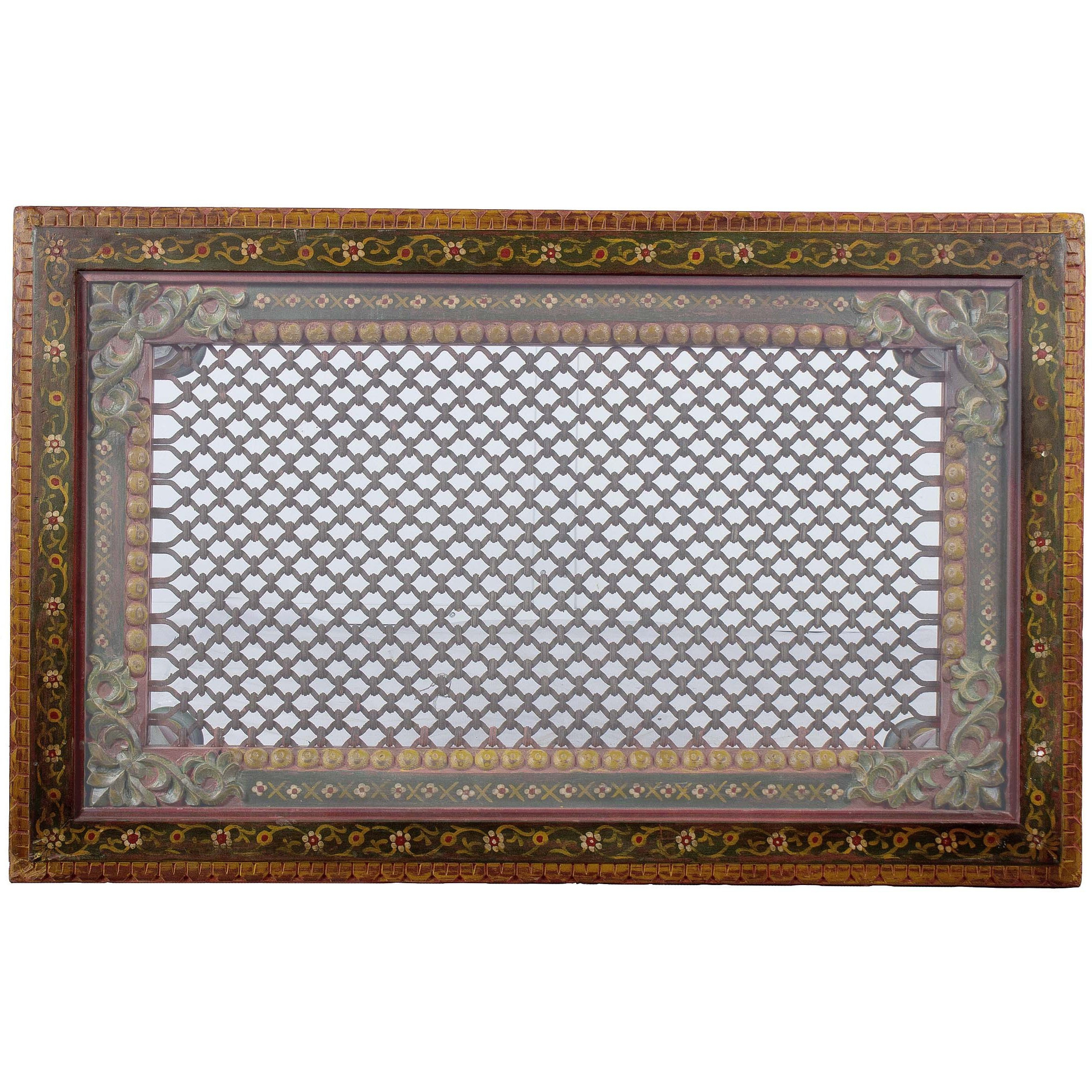 Wooden Carved Hand Painted Iron Grill Coffee Table