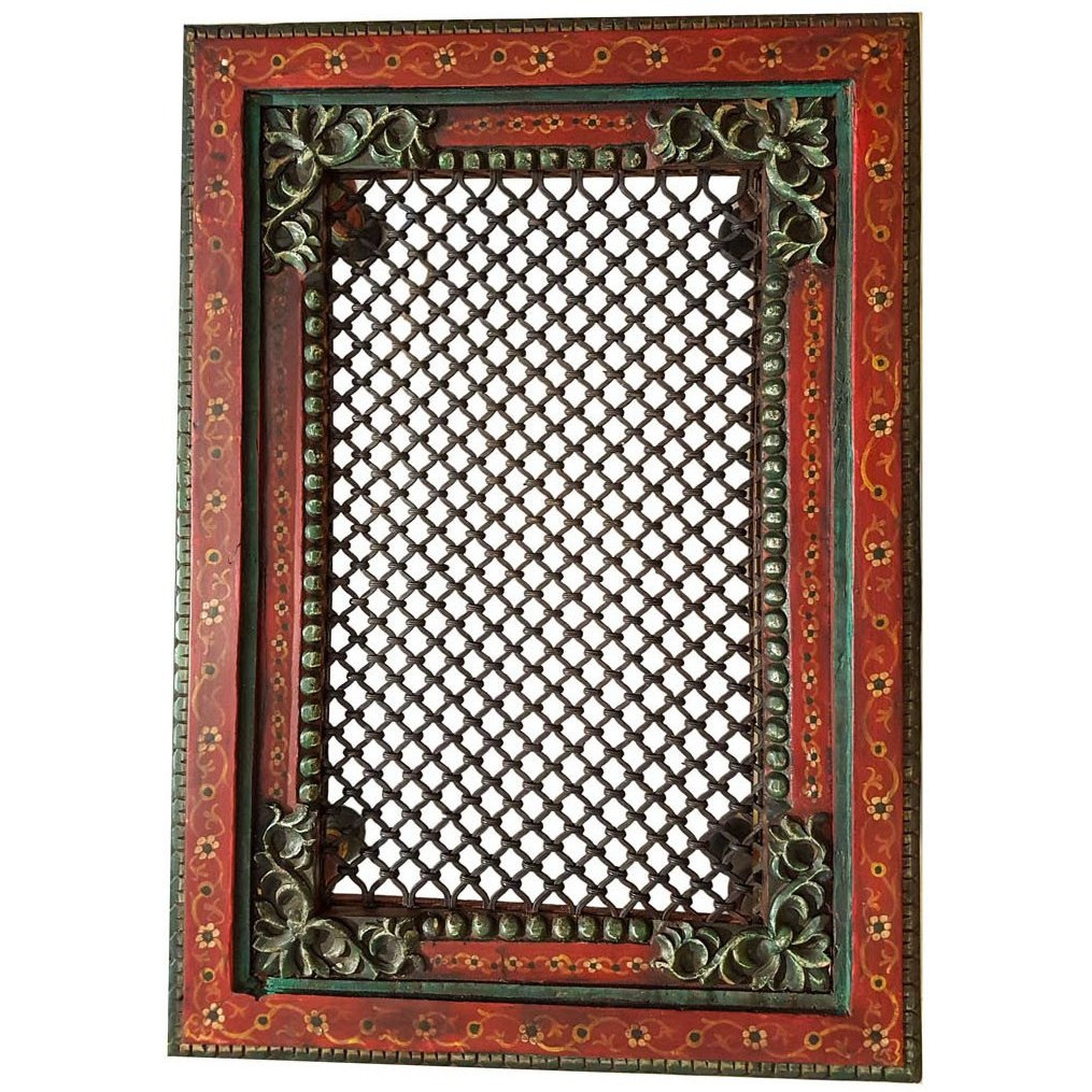 Wooden Carved Hand Painted Iron Grill Coffee Table