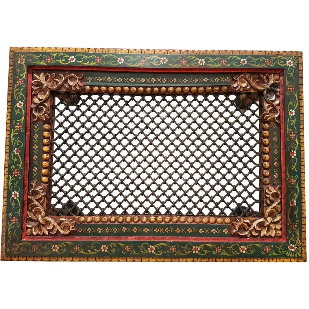 Wooden Carved Hand Painted Iron Grill Coffee Table