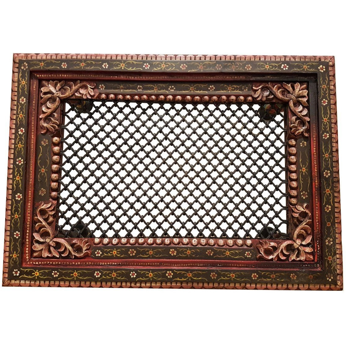 Wooden Carved Hand Painted Iron Grill Coffee Table