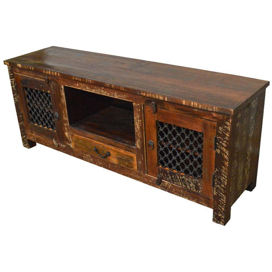 Reclaimed Wood Rustic Entertainment Center Plasma Cabinet with Iron Grill