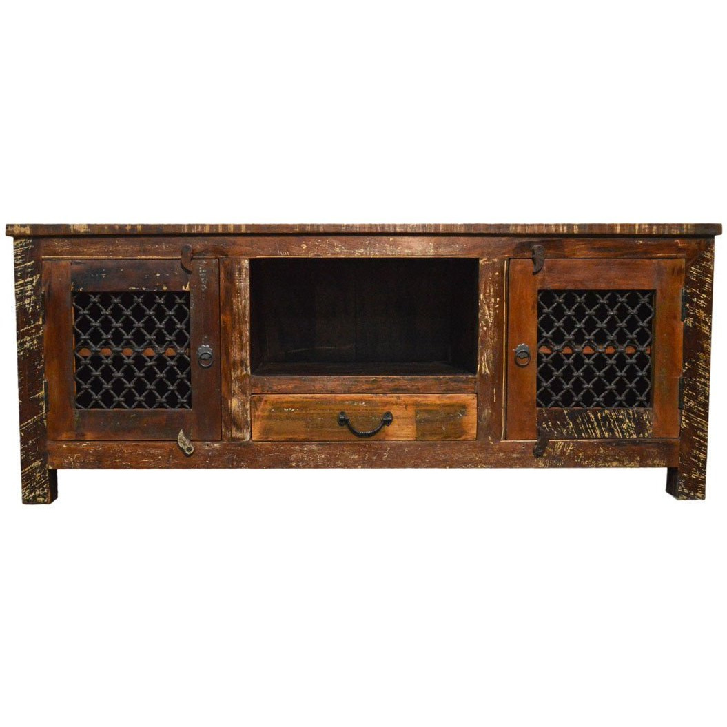 Reclaimed Wood Rustic Entertainment Center Plasma Cabinet with Iron Grill