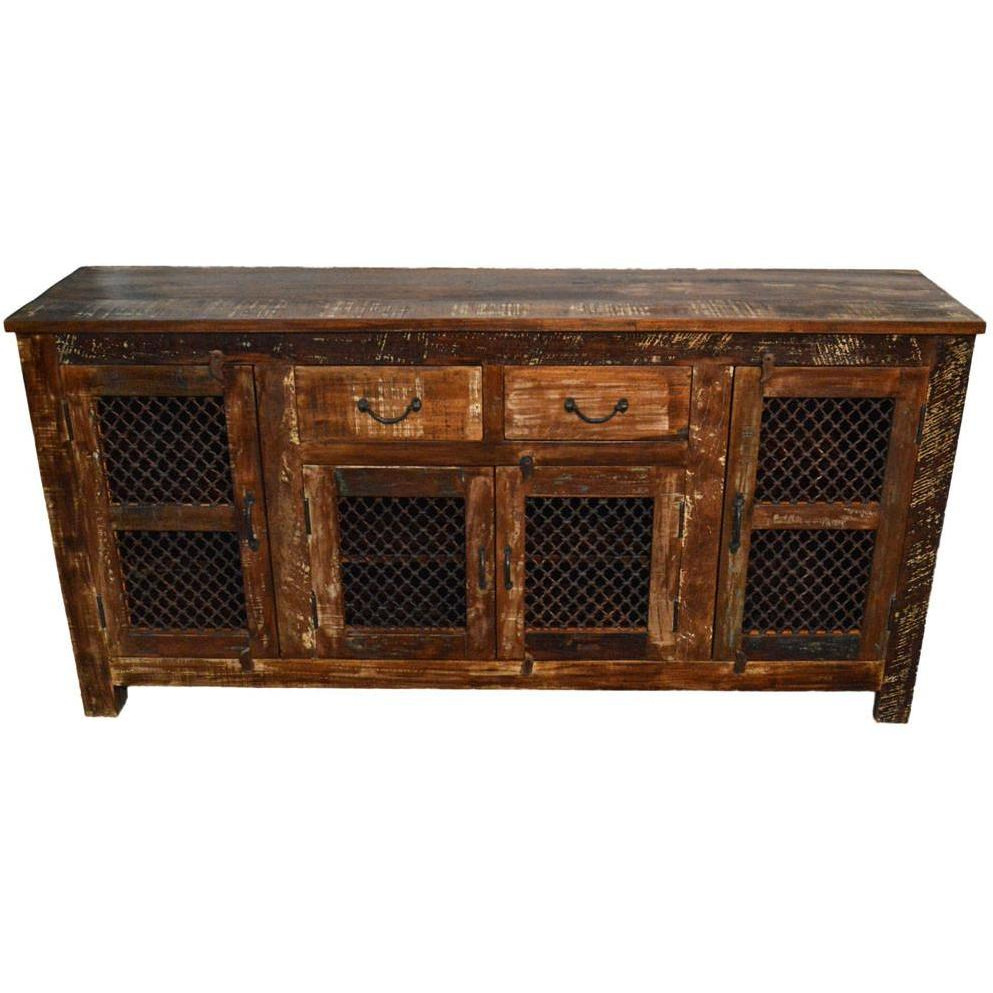 Reclaimed Wood Rustic Sideboard Buffet Table with Iron Grill