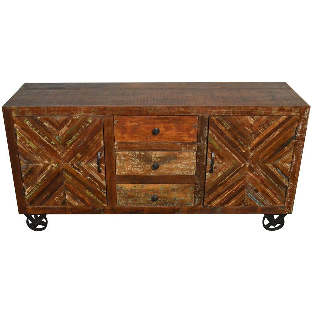 Reclaimed Industrial Sideboard Buffet Table Storage Cabinet on Iron Wheels