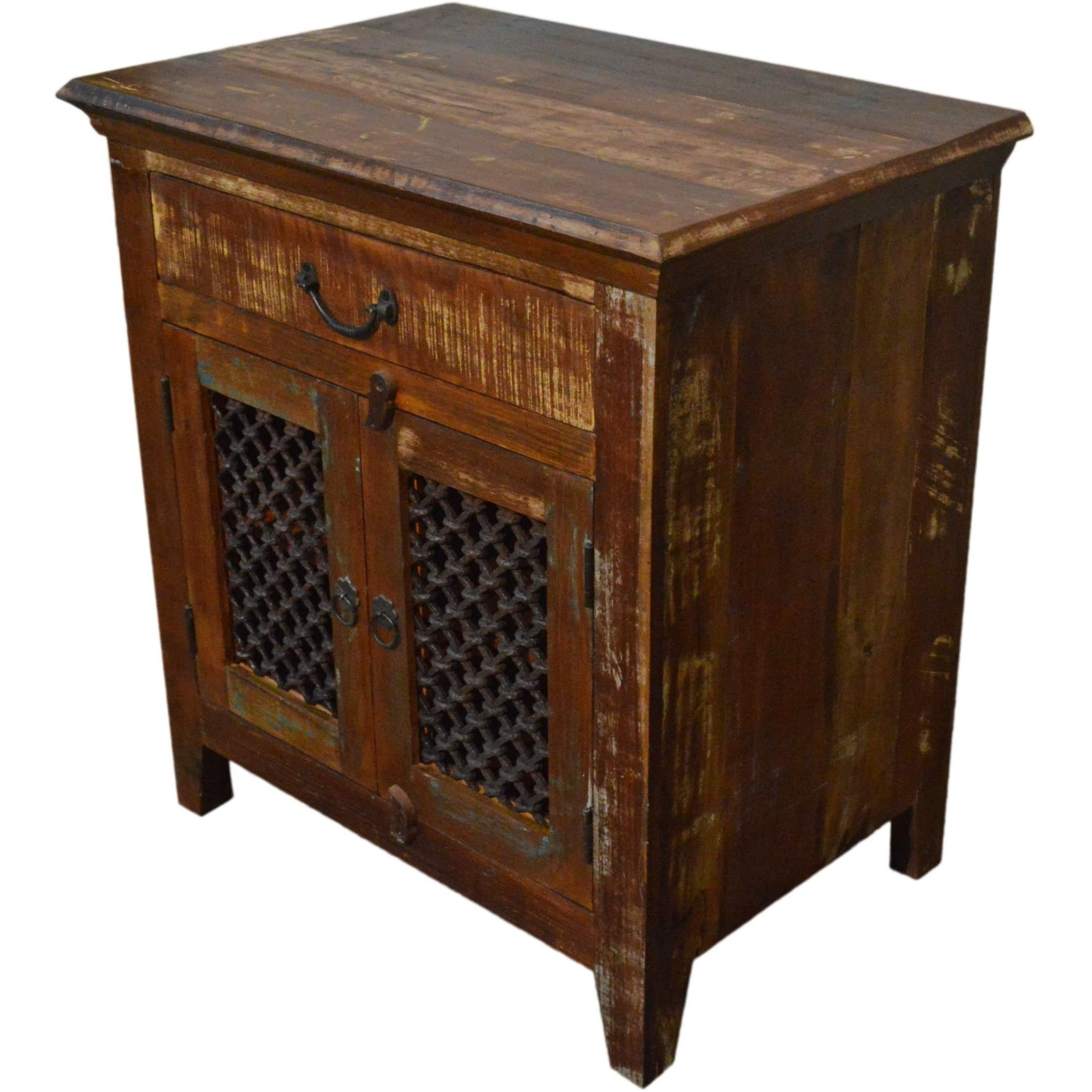 Reclaimed  Rustic Floor Storage Cabinet Table with Iron Grill