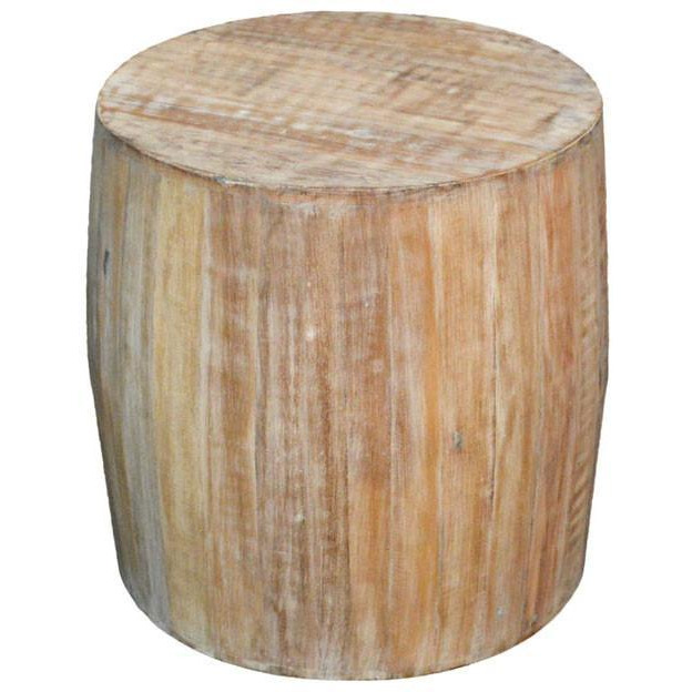 Distressed White Reclaimed Wood  Drum Barrel Style Side Table Stool