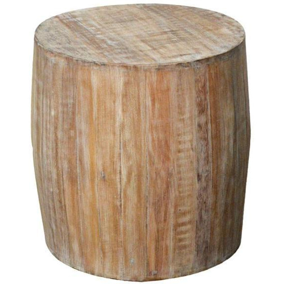 Distressed White Reclaimed Wood  Drum Barrel Style Side Table Stool