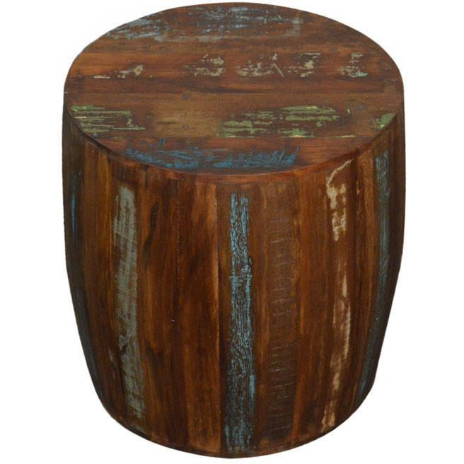 Reclaimed Wood Rustic Drum Barrel Style Side Table Stool