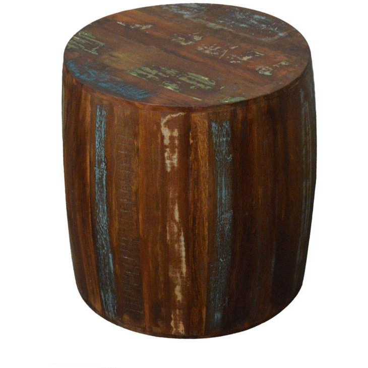 Reclaimed Wood Rustic Drum Barrel Style Side Table Stool