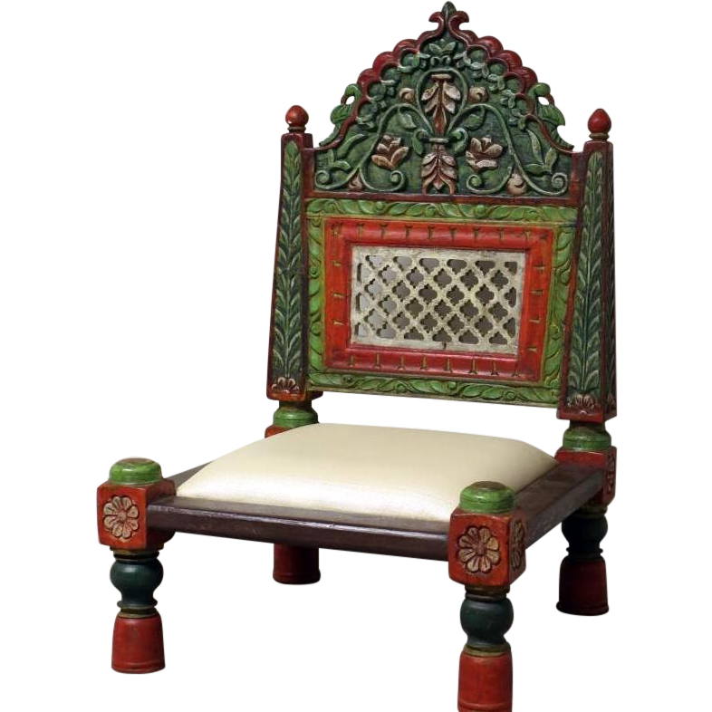 TEAK WOOD CARVED BACK HAND PAINTED TRIBAL STYLE CHAIR