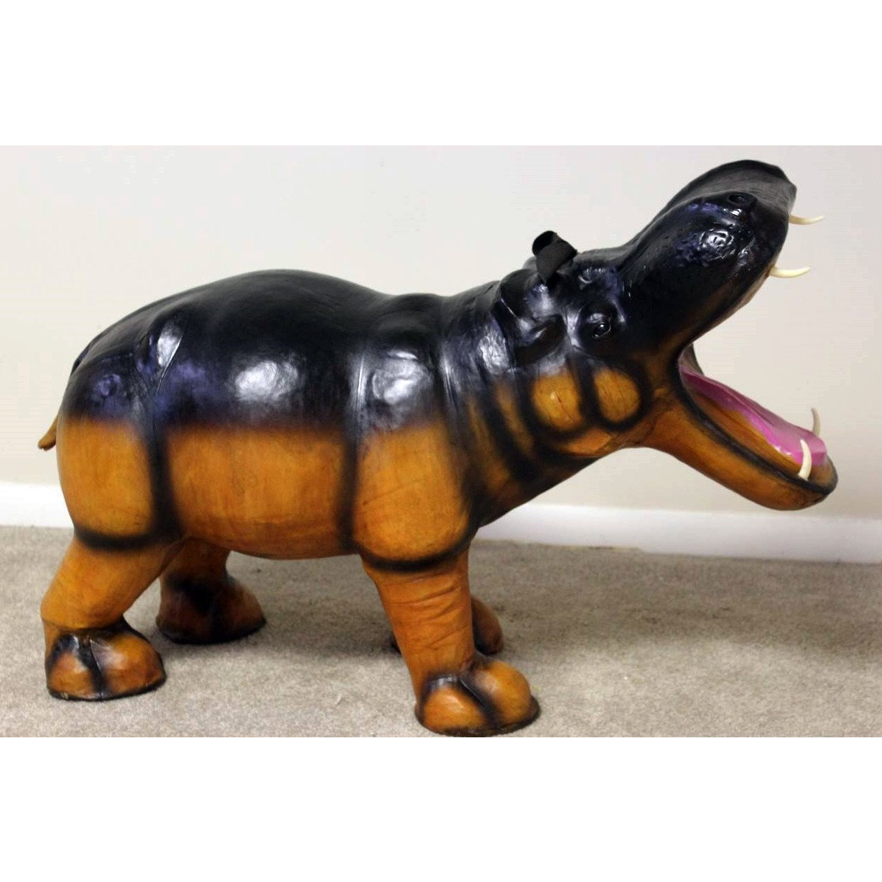 Handmade Paper Mache Leather Big Hippo Figurine
