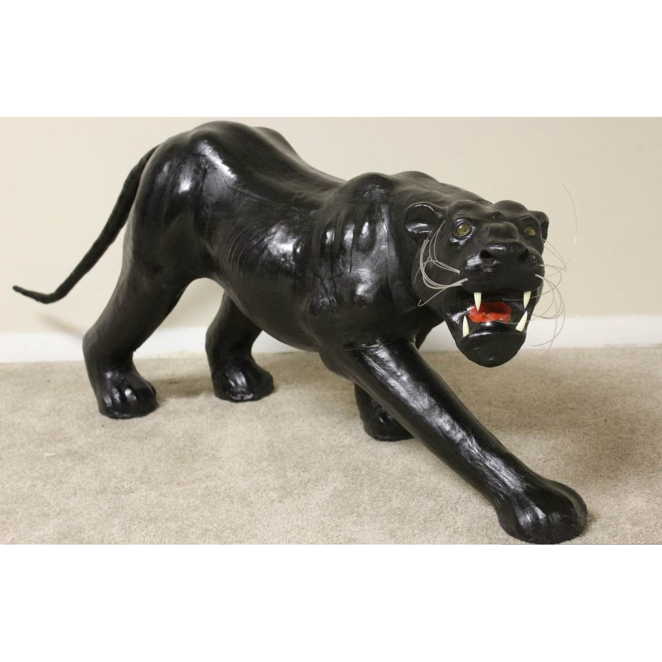 Handmade Paper Mache Big Panther Leather Figurine