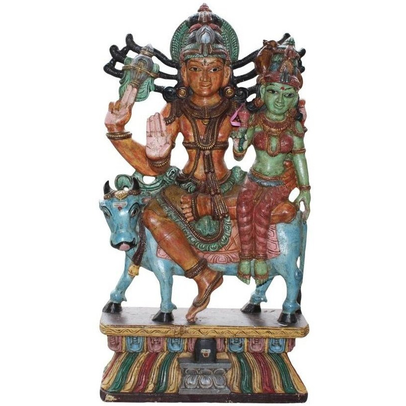 HINDU GOD SHIVA PARVATHI  BIG STATUE WOODEN HAND CARVED