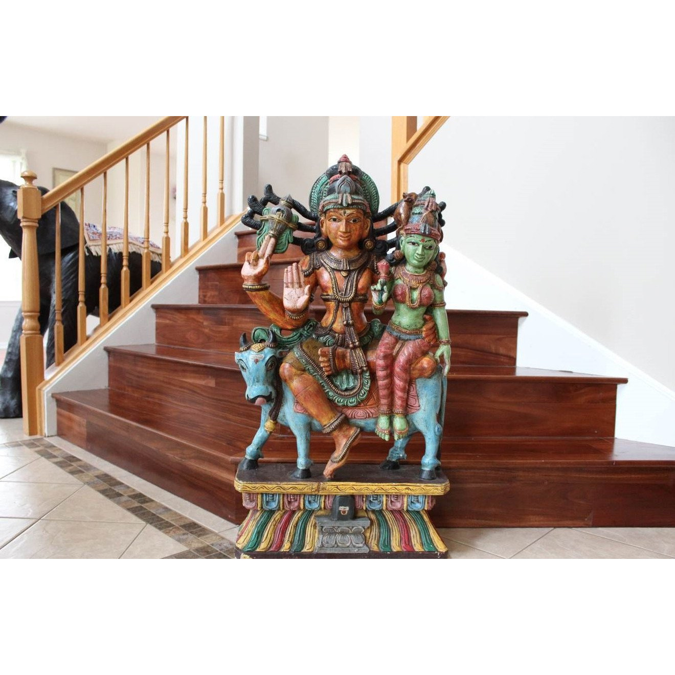 HINDU GOD SHIVA PARVATHI  BIG STATUE WOODEN HAND CARVED