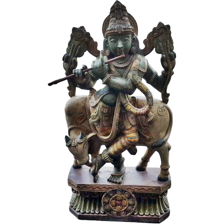 Hindu God Krishna with Cow Wooden Big Statue