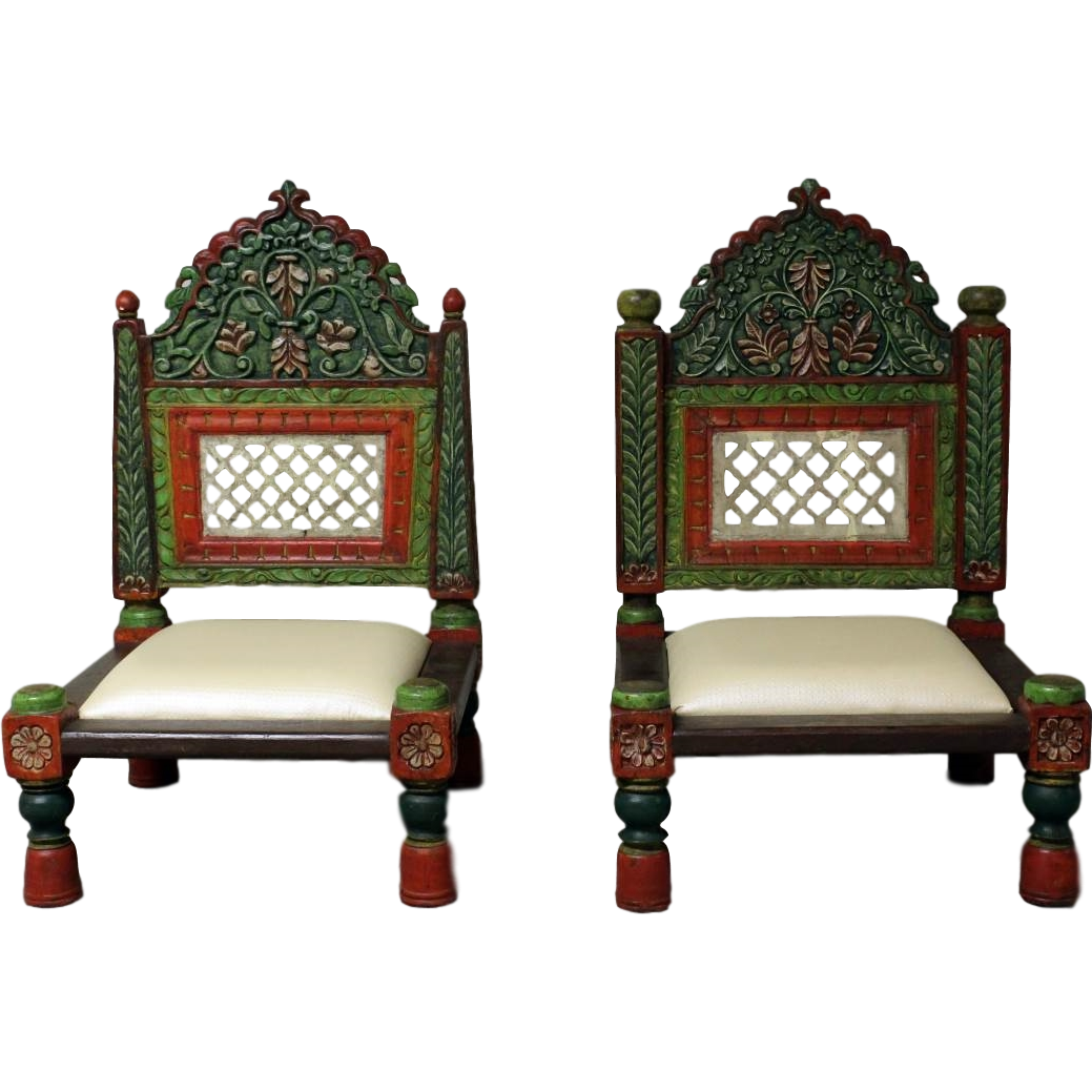 HAND PAINTED WOODEN CARVED LOW CHAIRS - Set of 2