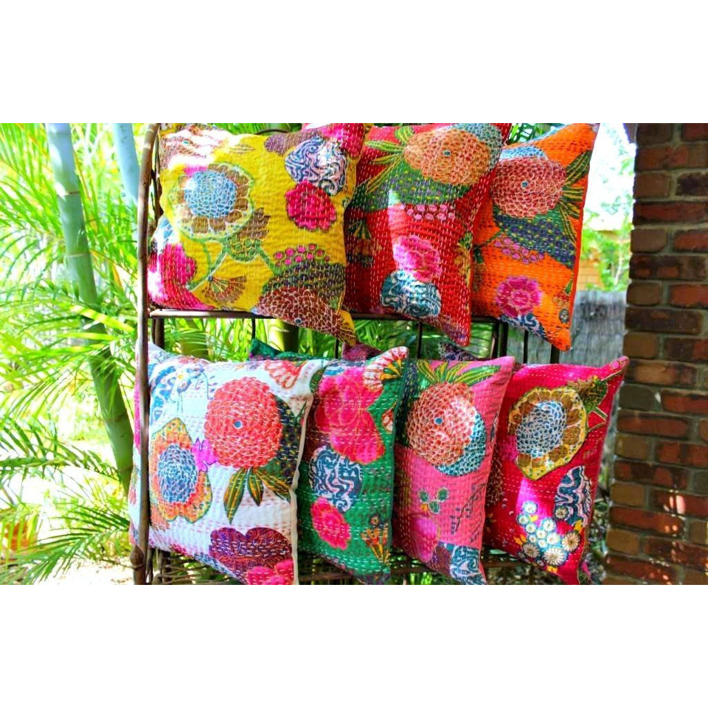 Online Indian Kantha Cushion Cover Decor Pillow Home Indian Kantha Cushion Cover Decor Pillow Home Thread Embroidery Work Block Printed