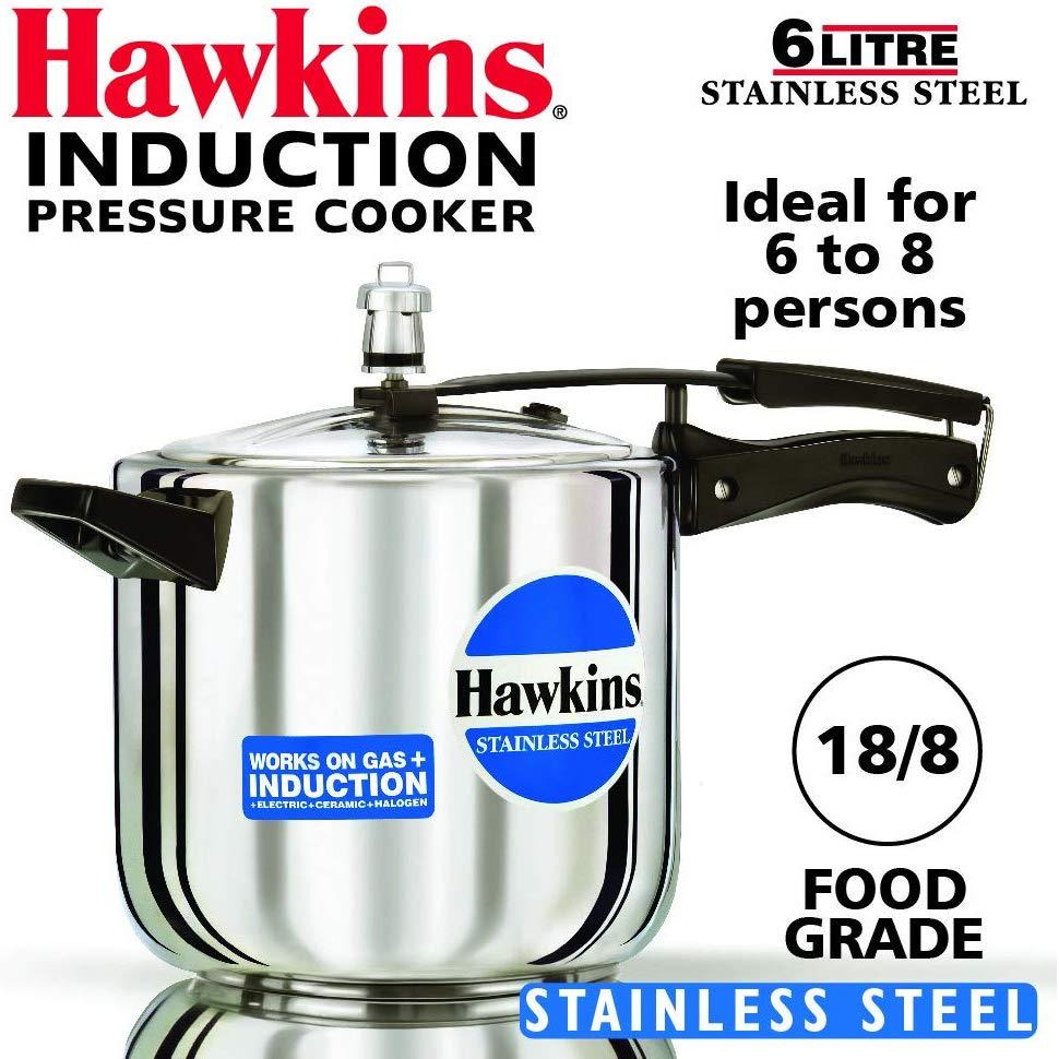 Hawkins Stainless Steel B65 Pressure Cooker, 6 L, Silver