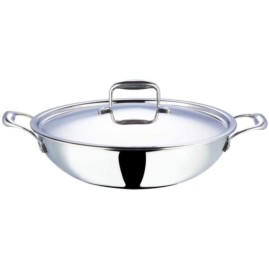 Vinod Cookware Food Grade 32cm Induction Friendly Platinum (TRI PLY) 18/8 Stainless Steel Kadai with Stainless Steel Lid